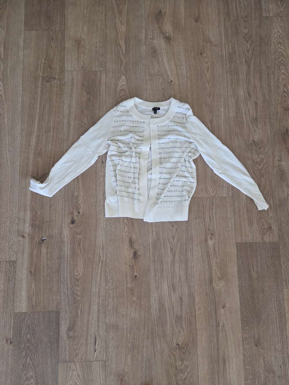 Talbots Cream Crewneck Cardigan with Beaded Stripes